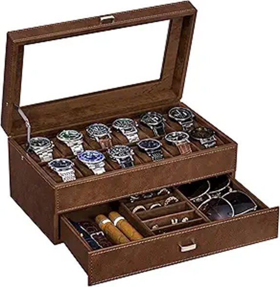 BEWISHOME 12-Slot Watch Box with Drawer and Glass Lid