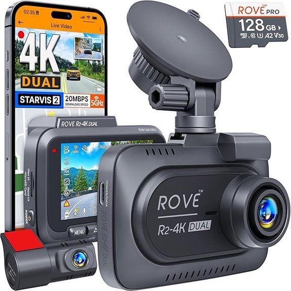 ROVE R2 4K Dual Dash Cam with WiFi & 128GB