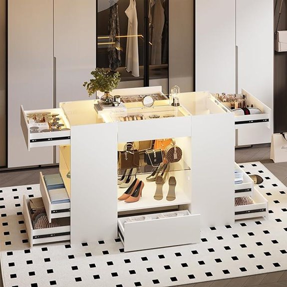 Modern White Closet Island with Drawers and Display Shelf