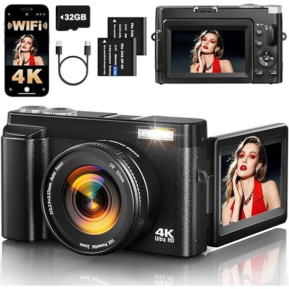 4K Digital Camera with 64MP Flip Screen 16X Zoom