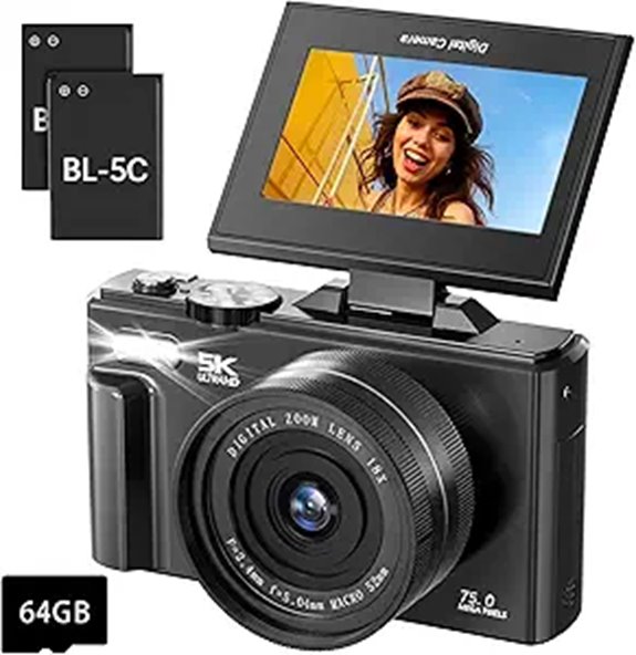 75MP 5K Digital Camera with WiFi and Flip Screen