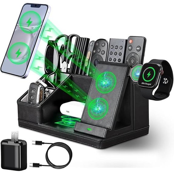 Black Leather Desk Organizer with Charging Station