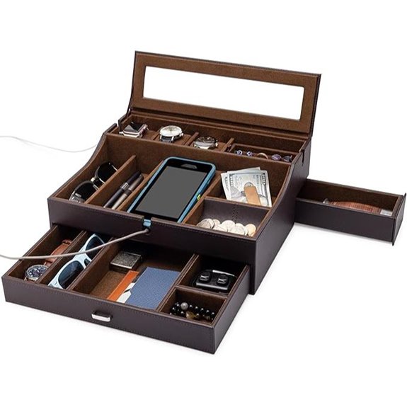 Mens Leather Valet Tray with Charging & Jewelry Organizer