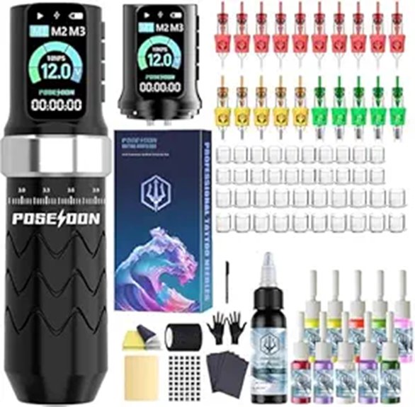 POSEIDON Wireless Tattoo Kit with 20 Needles & LCD