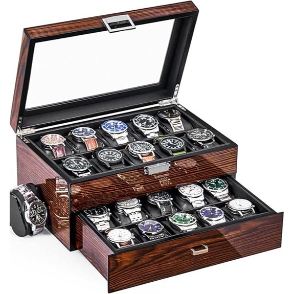 BEWISHOME 20-Slot Wooden Watch Box with Glass Lid
